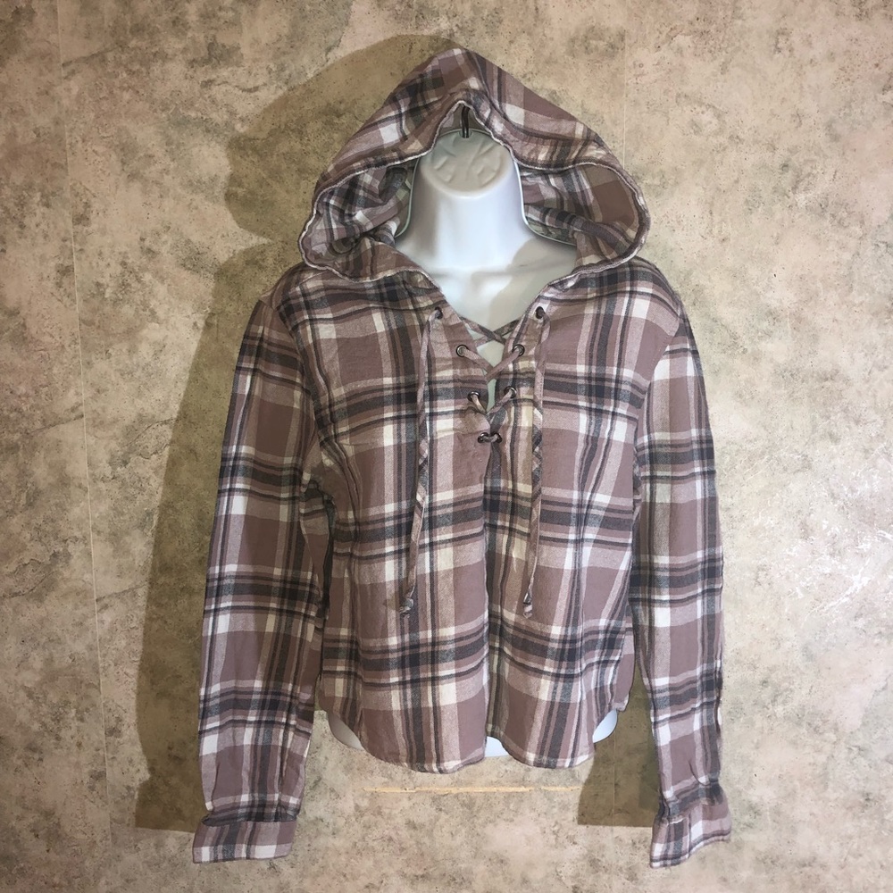 Rue 21 Long Sleeve Tie-Front Plaid Hoodie Top - Picture 1 of 10